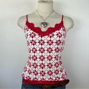 Red and White Lace Trimmed Women's Top